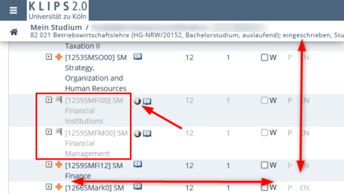View of the My Degree Programme page. In the curriculum structure, the inactive nodes that are now displayed and marked with a grey flag are highlighted. The info icons next to them are also highlighted.
