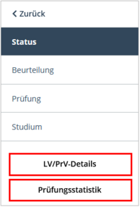 Weitere Ansicht des Navigationsmenüs der Detailansicht einer Prüfung. Ganz unten sind die Schaltflächen LV/PrV-Details und Prüfungsstatistik hervorgehoben.