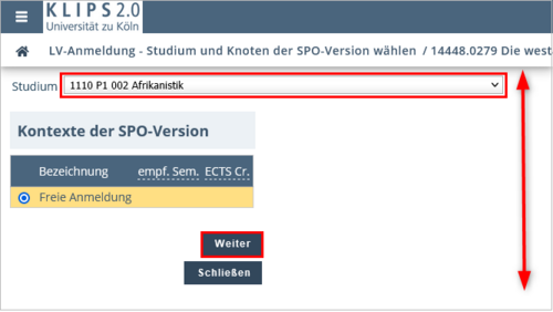 View of the page Course Registration – Select Degree Programme and Node of Curriculum Version. At the top, the subject German is selected. Below this, the option Free Registration is ticked. The Continue button at the bottom right is highlighted.