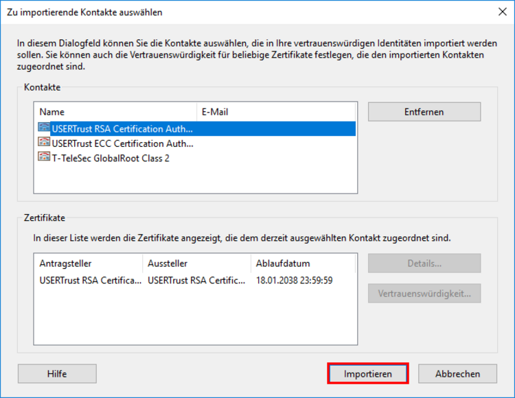 New view of the previously described dialog window showing the list of contacts and associated certificates to be imported. Below the list of certificates, toward the right side, the Import button is highlighted.