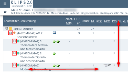 View of the curriculum structure of the selected subject German. The curriculum structure is partially expanded, which is indicated by the highlighted +/- symbols.