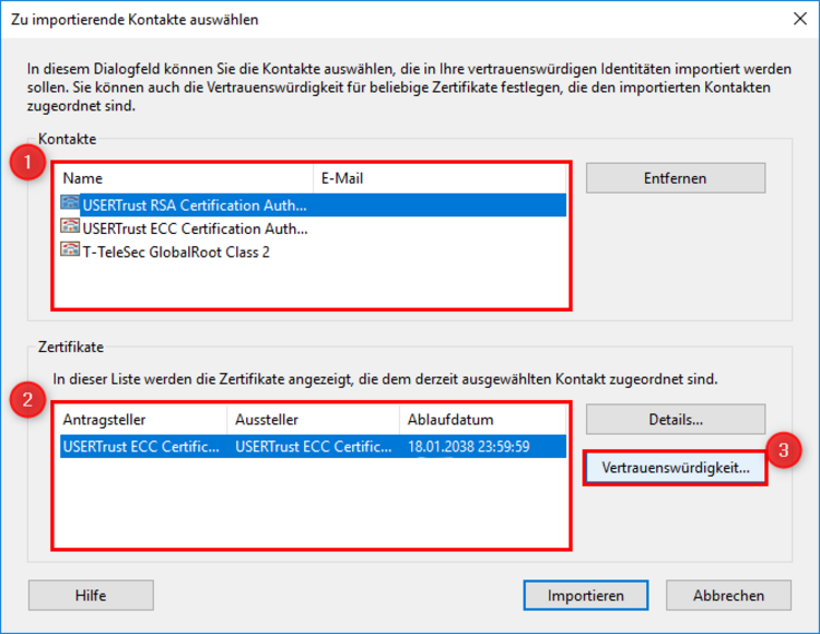 View of the following dialog window. Three areas are highlighted and numbered 1-3. No. 1 shows the possible contacts, No. 2 the associated certificates and No. 3 the Trust button.