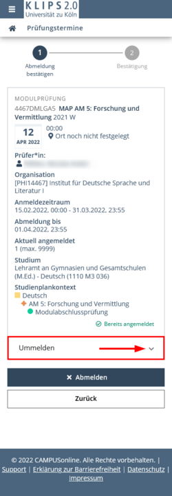 View of the deregistration page of the Exam Dates application. Below the exam details, the Re-Register drop-down menu and the arrow symbol to expand the menu are highlighted.