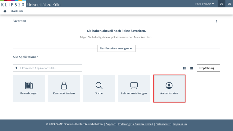 Ansicht der Startseite. Die Applikation Accountstatus ist im Applikationsmenü hervorgehoben.