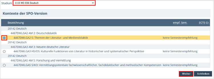 View of the page Course Registration – Select Degree Programme and Node of Curriculum Version. At the top, the subject German is selected. Below this, the selected module node is highlighted, as is the Continue button at the bottom right.