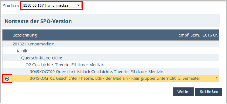 View of the Course Registration – Select Degree Programme and Node of Curriculum Version page. The subject Medical Studies is selected. Below this, the selected module node is highlighted, as is the Continue button at the bottom right.