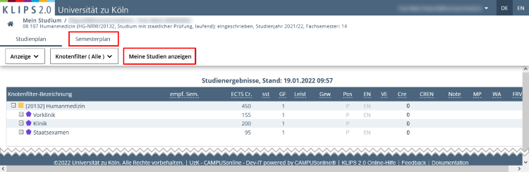 The curriculum for the subject Medical Studies (Humanmedizin) is displayed. The Semester Plan button for switching the view is highlighted. Below that, the Show My Degree Programmes button is highlighted in the navigation menu.