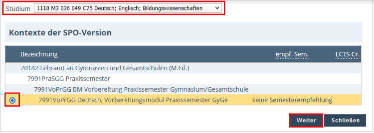 View of the Course Registration – Select Degree Programme and Node of Curriculum Version page. At the top, the complete degree programme is selected. Below this, the selected module node is highlighted, as is the Continue button at the bottom right.