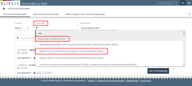 The All Courses view is displayed again. This time, the selection German is highlighted in the Curriculum filter menu for Curricula of My Degree Programme.
