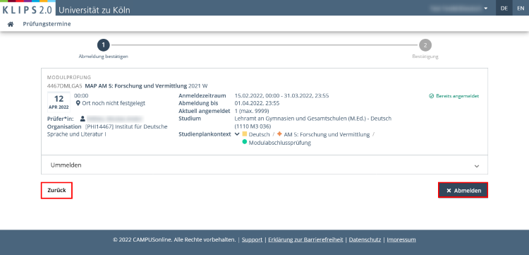 Ansicht der Abmeldeseite der Applikation Prüfungstermine. Unterhalb der Zusammenfassung der Prüfungsdetails sind die Schaltflächen Zurück und Abmelden hervorgehoben.