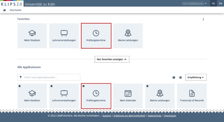 Ansicht der Startseite. Die Applikation Prüfungstermine ist im Favoriten- und Applikationsmenü hervorgehoben.