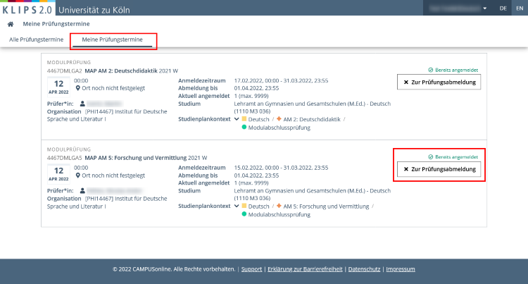 Ansicht der Seite Meine Prüfungstermine der Applikation Prüfungstermine. In der Liste der angemeldeten Prüfungen ist im zweiten Eintrag ganz rechts die Schaltfläche Zur Prüfungsabmeldung hervorgehoben.