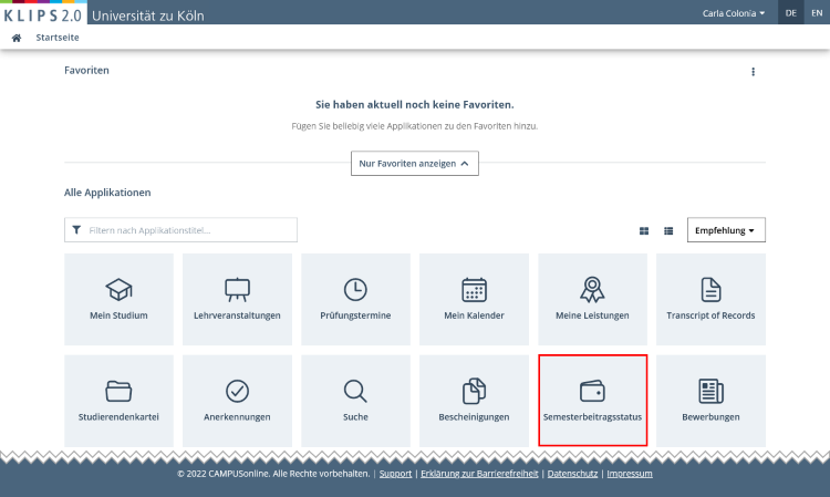 Ansicht der Startseite. Die Applikation Semesterbeitragsstatus ist im Applikationsmenü hervorgehoben.