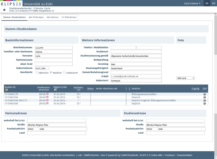 View of the opened Student Files application. The Personal/Academic Details view is displayed.