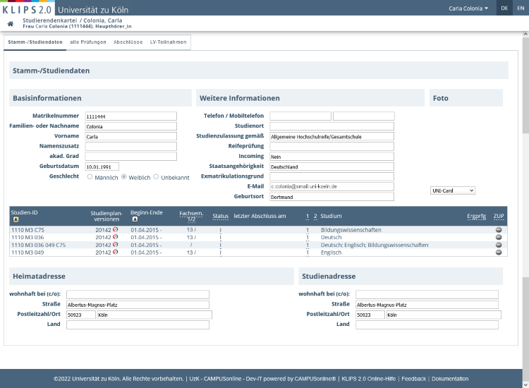 Ansicht der geöffneten Applikation Studierendenkartei. Die Ansicht Stamm-/Studiendaten wird angezeigt.