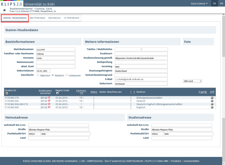 View of the opened Student Files application. The Personal/Academic Details view is displayed. The corresponding tab is highlighted below the second menu bar. All basic personal and study data is displayed.