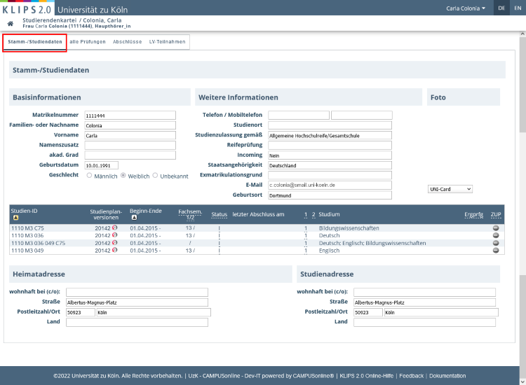 Ansicht der geöffneten Applikation Studierendenkartei. Die Ansicht Stamm-/Studiendaten wird angezeigt. Der zugehörige Karteireiter ist unterhalb der zweiten Menüleiste hervorgehoben. Es werden alle Basisdaten zur Person und zum Studium angezeigt.