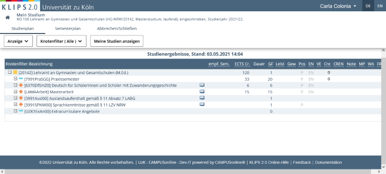 Ansicht der geöffneten Applikation Mein Studium mit dem eingeklappten Studienbaum des ausgewählten Gesamtstudiengangs.