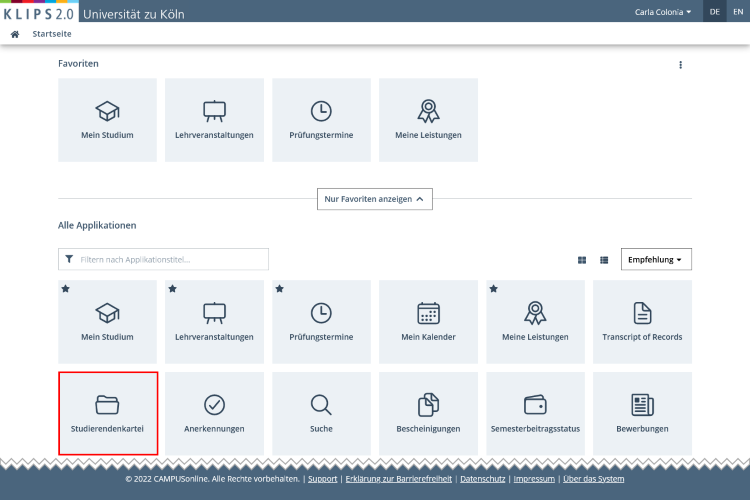 Ansicht der Startseite. Die Applikation Studierendenkartei ist im Applikationsmenü hervorgehoben.
