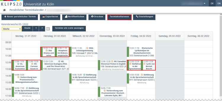 View of the personal calendar. The Scheduling Conflicts button is highlighted in the first row. Courses taking place at the same time are highlighted on the calendar sheet on different days.
