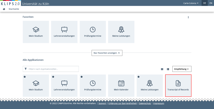 Ansicht der Startseite. Die Applikation Transcript of Records ist im Applikationsmenü hervorgehoben.
